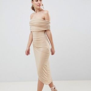 Nude off the shoulder slinky dress